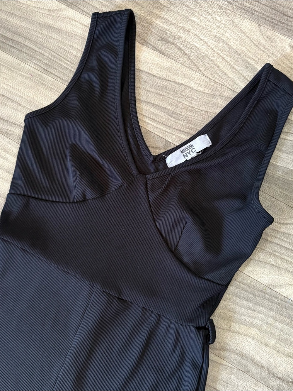 Fitted Black Ribbed Romper With Belt Loops